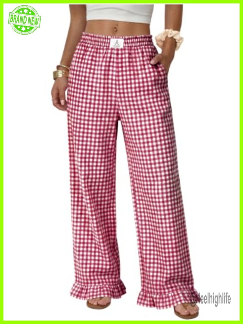 Gingham Ruffle Hem Wide Leg Palazzo Pants Pull On Casual